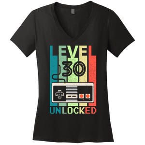 Level 30 Unlocked Video Gamer 30th Birthday Gifts Women's V-Neck T-Shirt