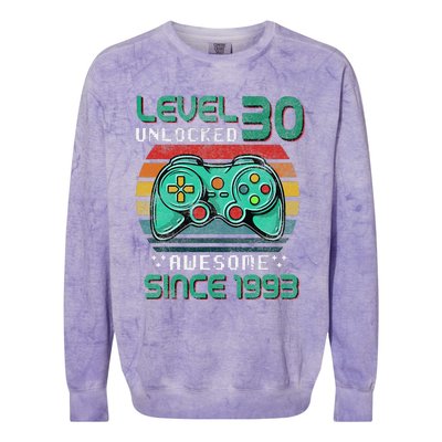 Level 30 Unlocked Awesome 1993 Video Game 30th Birthday Gift Colorblast Crewneck Sweatshirt