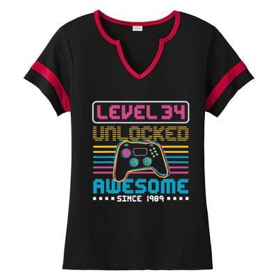 Level 34 Unlocked Awesome Since 1989 Gaming Birthday Ladies Halftime Notch Neck Tee