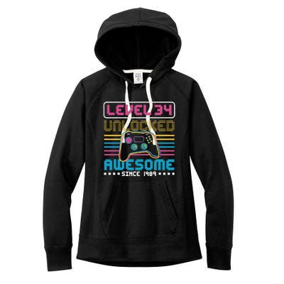 Level 34 Unlocked Awesome Since 1989 Gaming Birthday Women's Fleece Hoodie