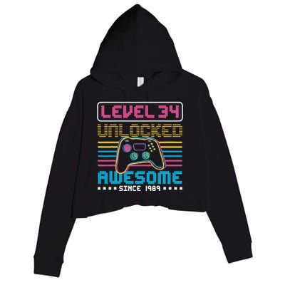 Level 34 Unlocked Awesome Since 1989 Gaming Birthday Crop Fleece Hoodie