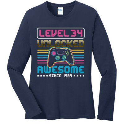 Level 34 Unlocked Awesome Since 1989 Gaming Birthday Ladies Long Sleeve Shirt