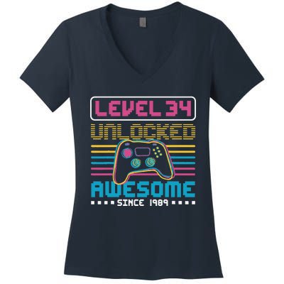 Level 34 Unlocked Awesome Since 1989 Gaming Birthday Women's V-Neck T-Shirt