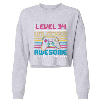 Level 34 Unlocked Awesome Since 1989 Gaming Birthday Cropped Pullover Crew