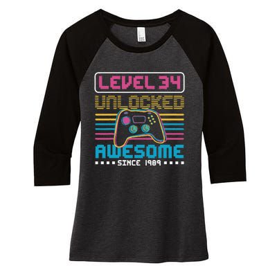 Level 34 Unlocked Awesome Since 1989 Gaming Birthday Women's Tri-Blend 3/4-Sleeve Raglan Shirt