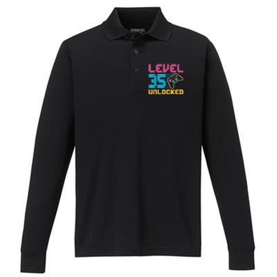 Level 35 unlocked Gaming Birthday Performance Long Sleeve Polo