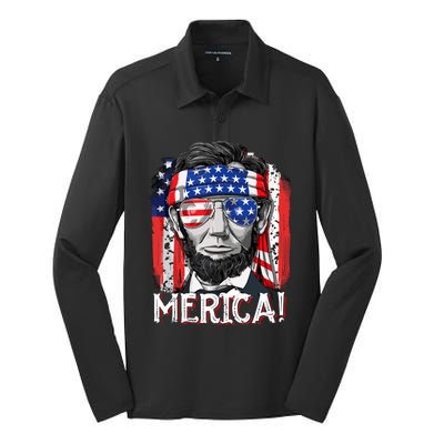 Lincoln 4th Of July Merica Abe Men Women American Flag Silk Touch Performance Long Sleeve Polo