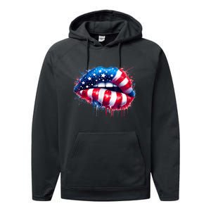 Lips 4th Of July Usa Patriotic Colorful American Flag Performance Fleece Hoodie