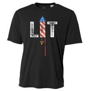 Lit 4th Of July Patriotic American Fireworks Usa Fourth Cooling Performance Crew T-Shirt