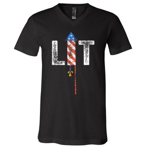 Lit 4th Of July Patriotic American Fireworks Usa Fourth V-Neck T-Shirt