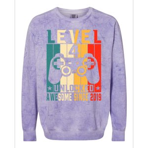 Level 4 Unlocked Awesome Since 2019 4th Birthday Gamer Gift Colorblast Crewneck Sweatshirt