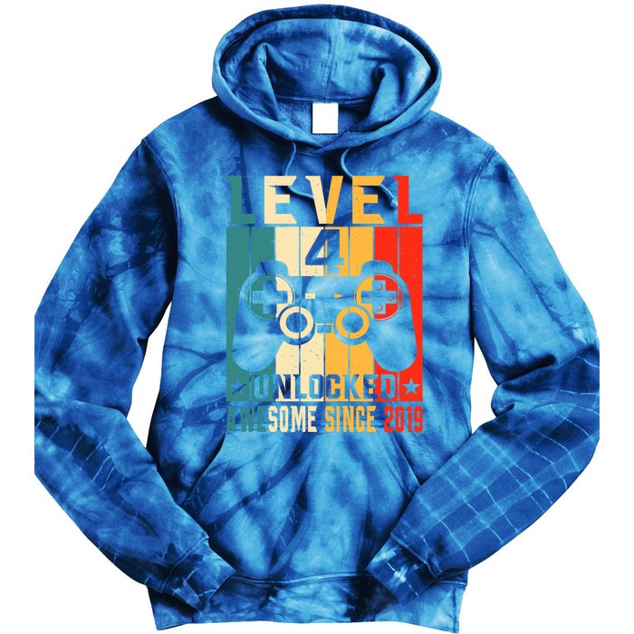 Level 4 Unlocked Awesome Since 2019 4th Birthday Gamer Gift Tie Dye Hoodie