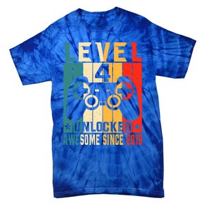 Level 4 Unlocked Awesome Since 2019 4th Birthday Gamer Gift Tie-Dye T-Shirt