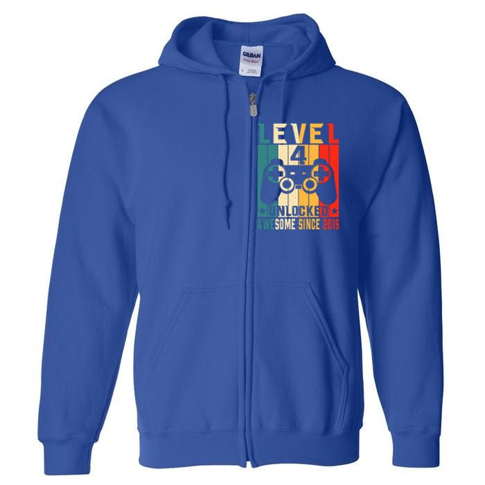 Level 4 Unlocked Awesome Since 2019 4th Birthday Gamer Gift Full Zip Hoodie