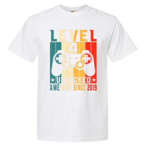 Level 4 Unlocked Awesome Since 2019 4th Birthday Gamer Gift Garment-Dyed Heavyweight T-Shirt