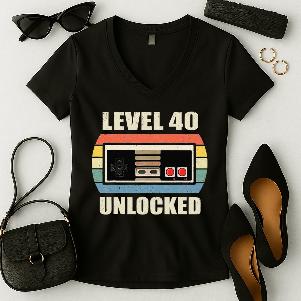 Level 40 Unlocked Video Gamer 40th Birthday Gifts Tea Women's V-Neck T-Shirt
