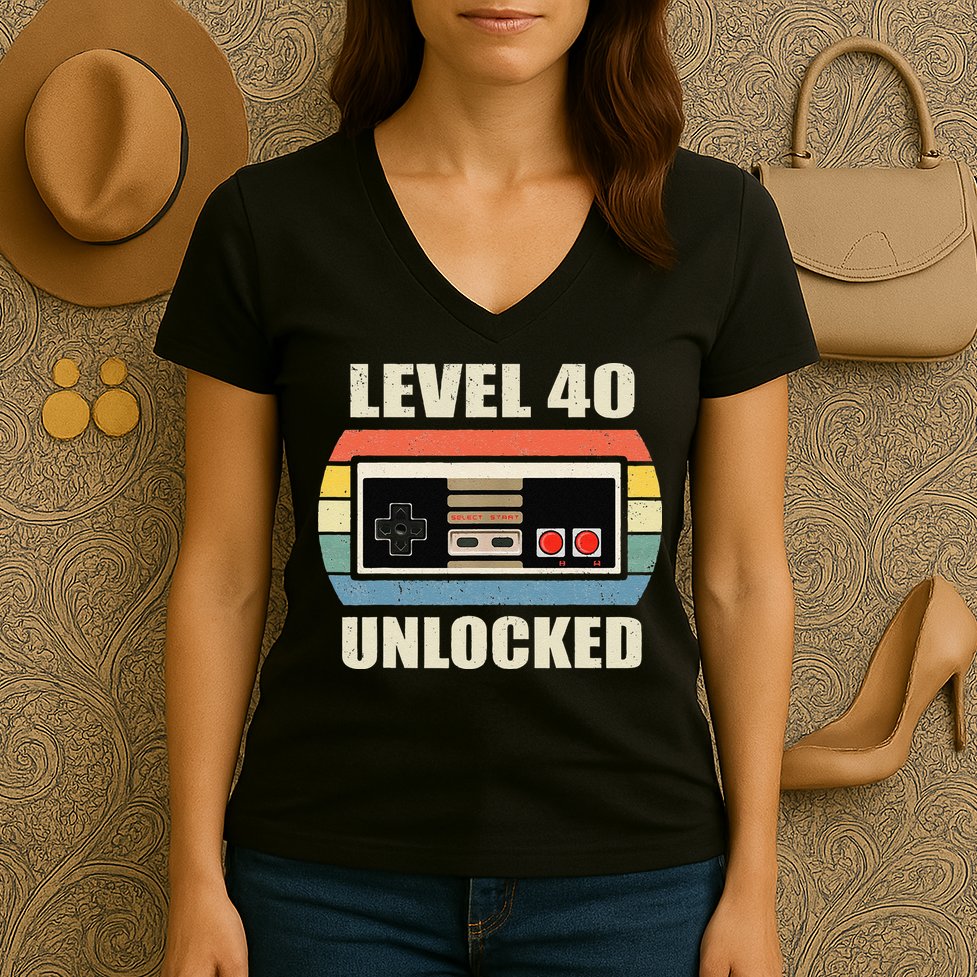 Level 40 Unlocked Video Gamer 40th Birthday Gifts Tea Women's V-Neck T-Shirt