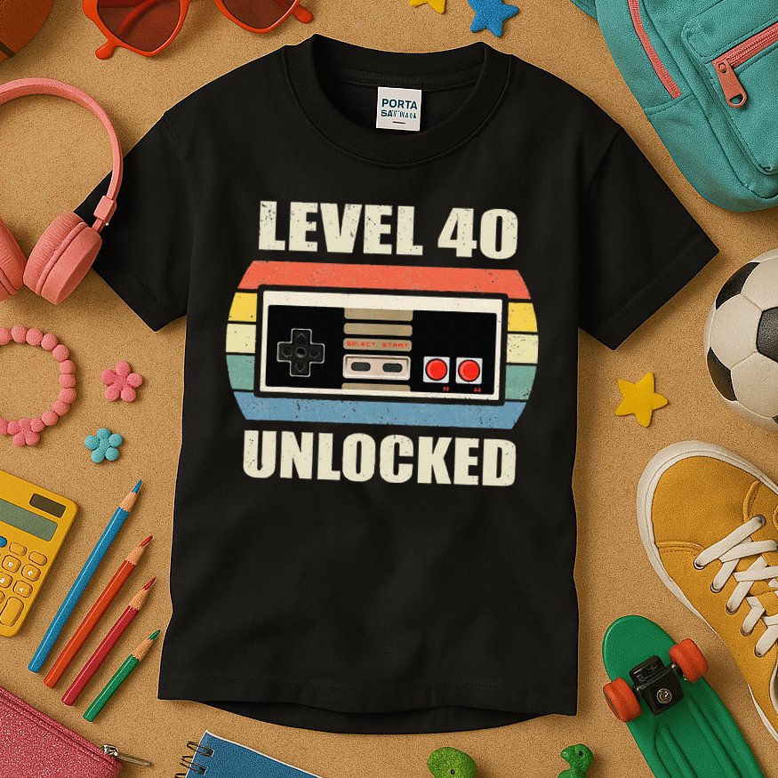 Level 40 Unlocked Video Gamer 40th Birthday Gifts Tea Kids T-Shirt
