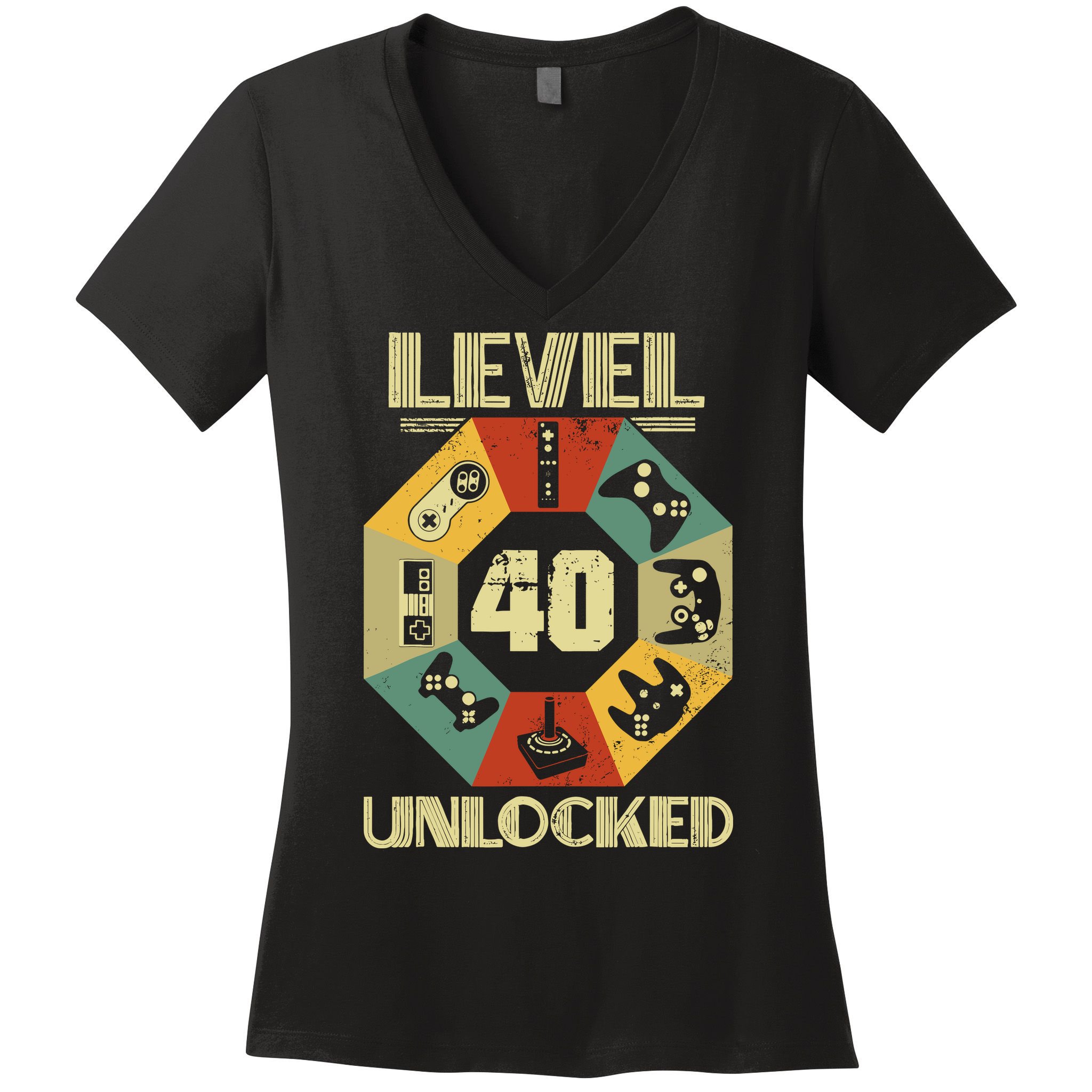 Level 40 Unlocked T Funny Video Gamer 40th Birthday Women's V-Neck T-Shirt
