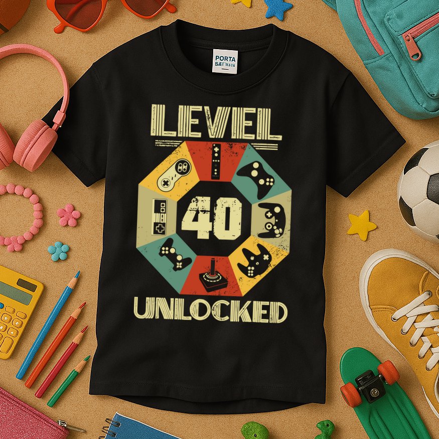 Level 40 Unlocked T Funny Video Gamer 40th Birthday Kids T-Shirt