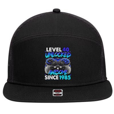 Level 40 Unlocked Awesome Since 1985 40th Birthday Gaming 7 Panel Mesh Trucker Snapback Hat