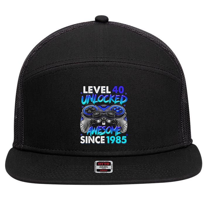 Level 40 Unlocked Awesome Since 1985 40th Birthday Gaming 7 Panel Mesh Trucker Snapback Hat