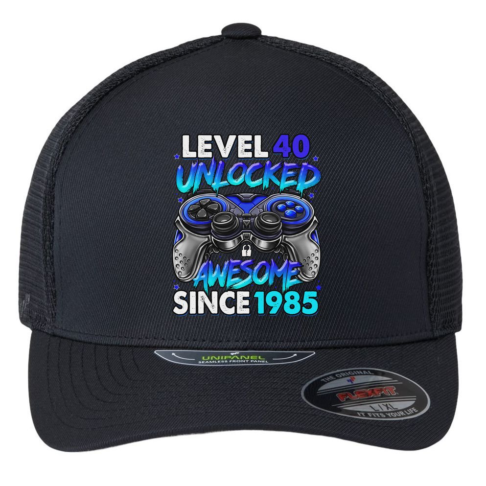 Level 40 Unlocked Awesome Since 1985 40th Birthday Gaming Flexfit Unipanel Trucker Cap