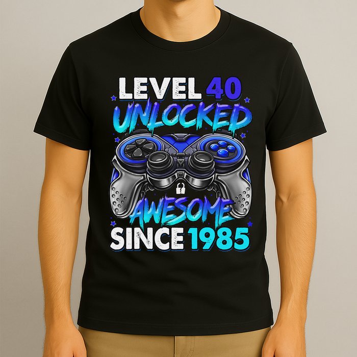 Level 40 Unlocked Awesome Since 1985 40th Birthday Gaming T-Shirt