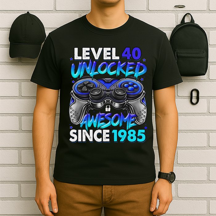 Level 40 Unlocked Awesome Since 1985 40th Birthday Gaming T-Shirt