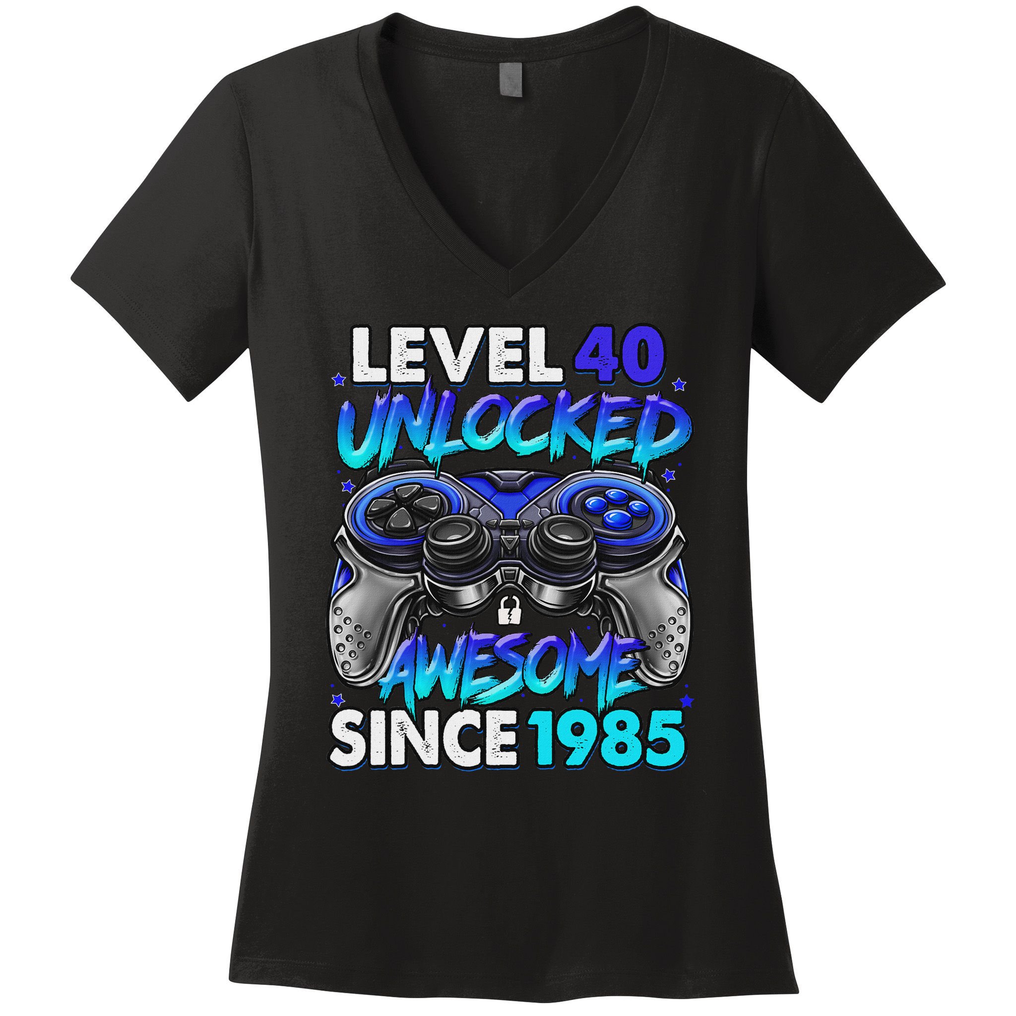 Level 40 Unlocked Awesome Since 1985 40th Birthday Gaming Women's V-Neck T-Shirt