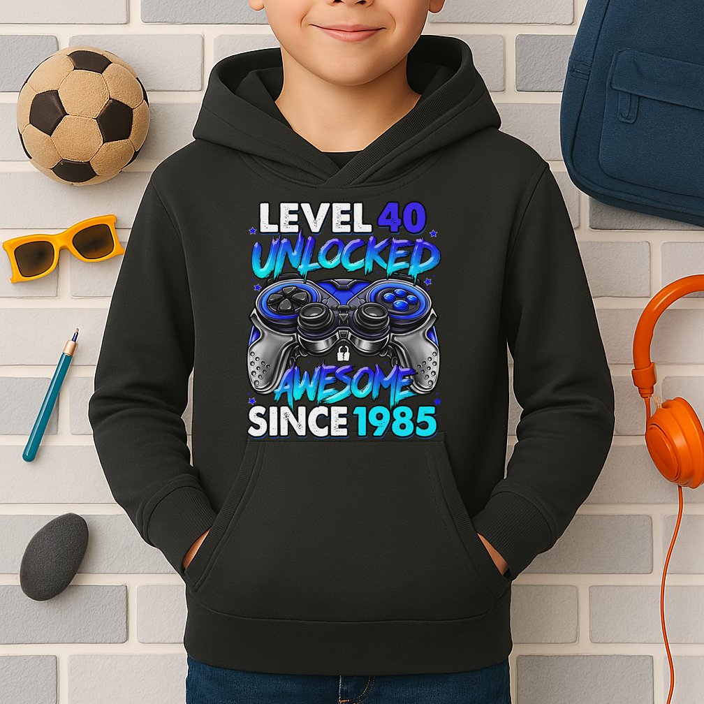Level 40 Unlocked Awesome Since 1985 40th Birthday Gaming Kids Hoodie