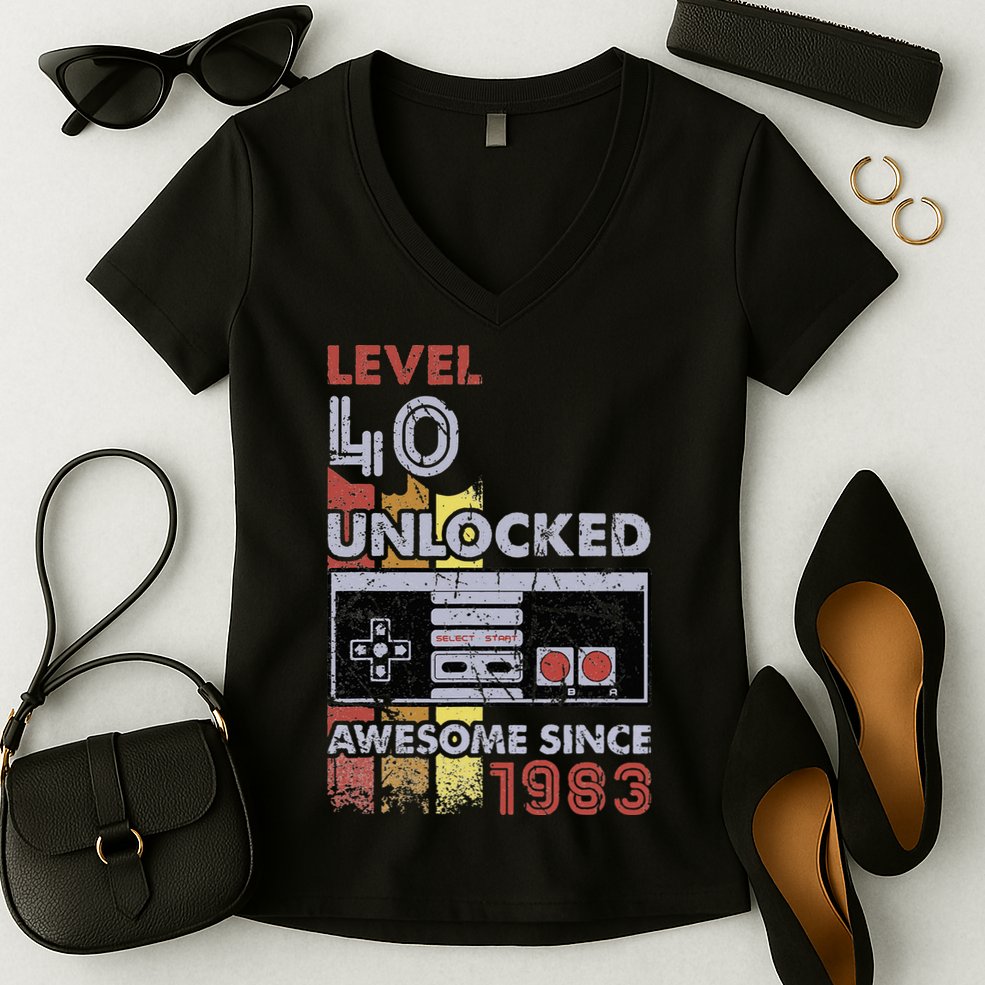 Level 40 Unlocked Gamer 40th Birthday Gift Video Game Lovers Women's V-Neck T-Shirt