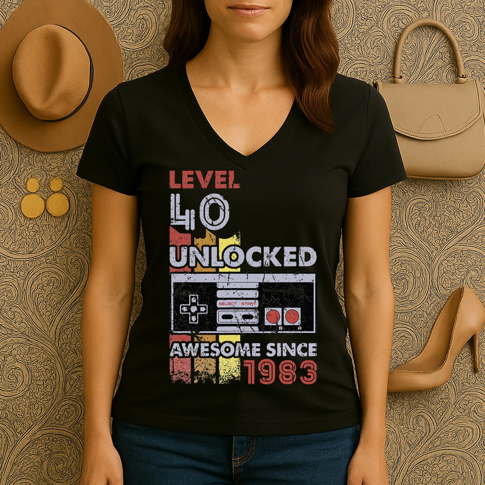 Level 40 Unlocked Gamer 40th Birthday Gift Video Game Lovers Women's V-Neck T-Shirt