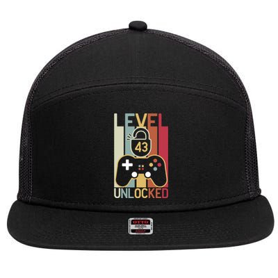 Level 43 Unlocked Birthday Gift Vintage Retro 7 Panel Mesh Trucker Snapback Hat