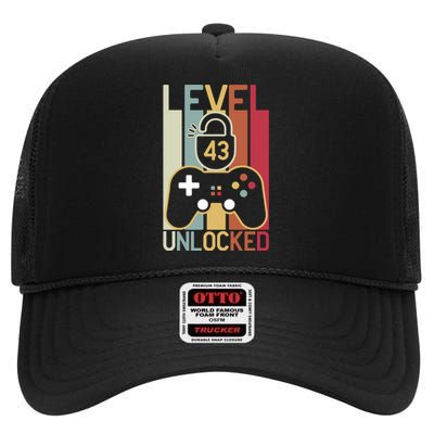 Level 43 Unlocked Birthday Gift Vintage Retro High Crown Mesh Back Trucker Hat