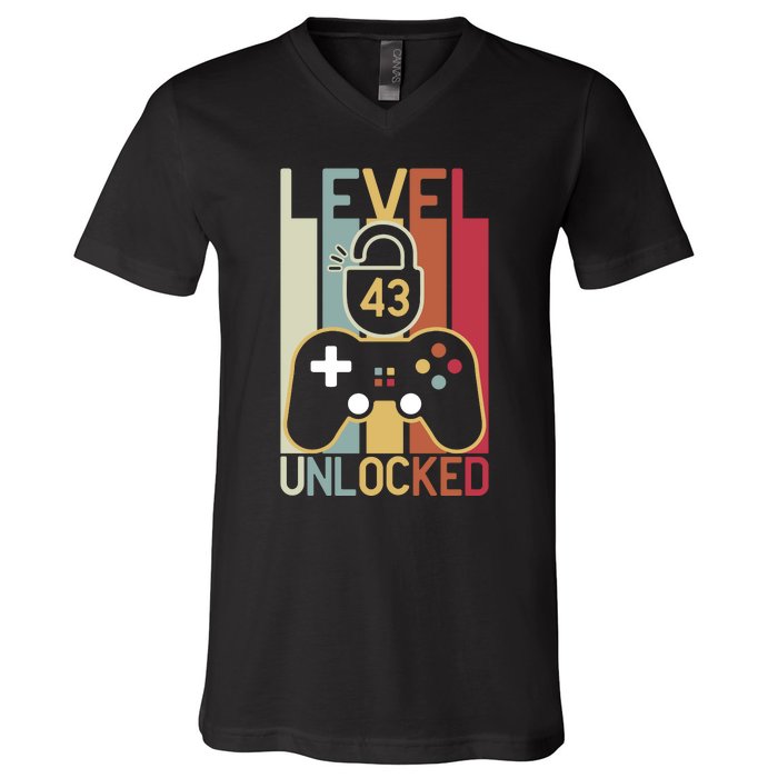 Level 43 Unlocked Birthday Gift Vintage Retro V-Neck T-Shirt