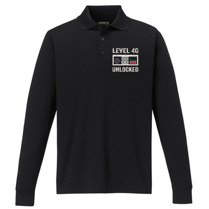 Level 40 Unlocked Video Gamer 40th Birthday Performance Long Sleeve Polo