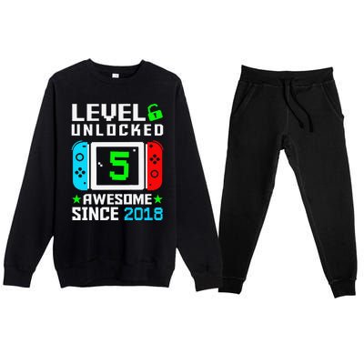 Level 5 Unlocked 5th Birthday 5 Year Old Gift Gamer Premium Crewneck Sweatsuit Set