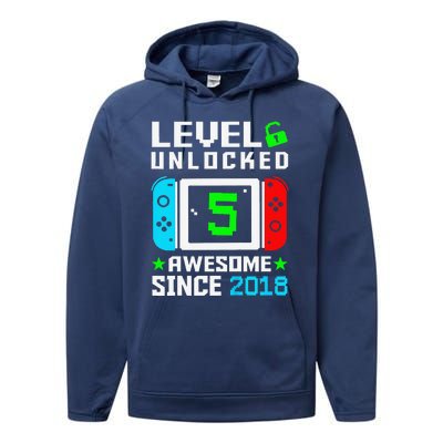 Level 5 Unlocked 5th Birthday 5 Year Old Gift Gamer Performance Fleece Hoodie