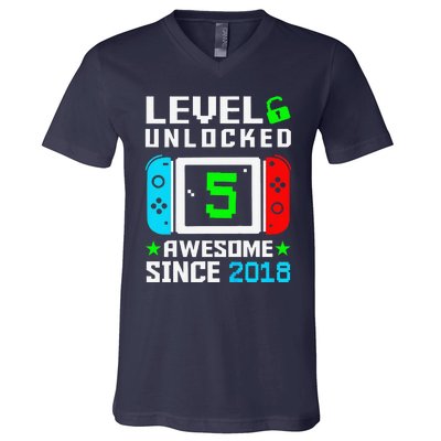 Level 5 Unlocked 5th Birthday 5 Year Old Gift Gamer V-Neck T-Shirt