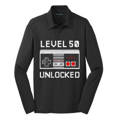 Level 50 Unlocked Video Games 50th Birthday Fiftieth Bday Silk Touch Performance Long Sleeve Polo