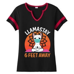 Llamastay 6 Feet Away Funny Llama Yoga Namaste Mask Gift Ladies Halftime Notch Neck Tee