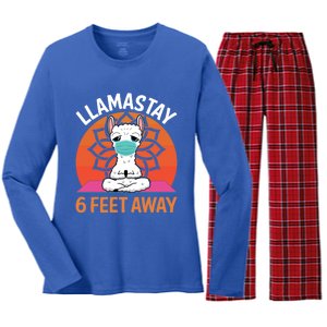 Llamastay 6 Feet Away Funny Llama Yoga Namaste Mask Gift Women's Long Sleeve Flannel Pajama Set 