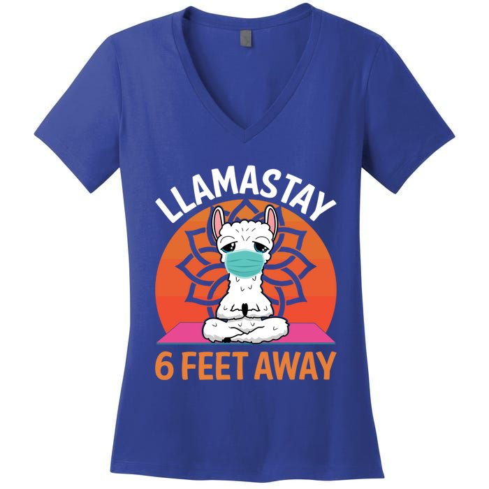 Llamastay 6 Feet Away Funny Llama Yoga Namaste Mask Gift Women's V-Neck T-Shirt