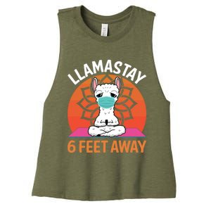 Llamastay 6 Feet Away Funny Llama Yoga Namaste Mask Gift Women's Racerback Cropped Tank