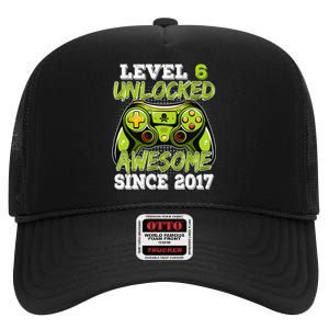 Level 6 Unlocked Awesome Since 2017 6 Year Gamer Birthday High Crown Mesh Back Trucker Hat