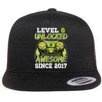 Level 6 Unlocked Awesome Since 2017 6 Year Gamer Birthday Flat Bill Trucker Hat