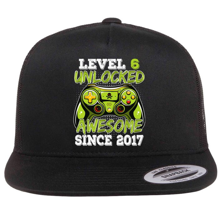 Level 6 Unlocked Awesome Since 2017 6 Year Gamer Birthday Flat Bill Trucker Hat