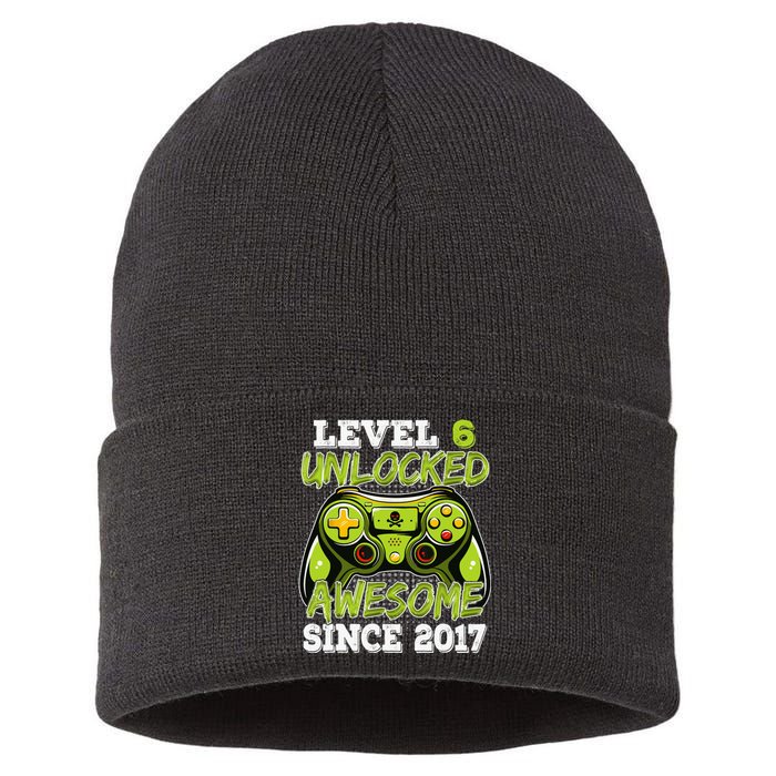 Level 6 Unlocked Awesome Since 2017 6 Year Gamer Birthday Sustainable Knit Beanie