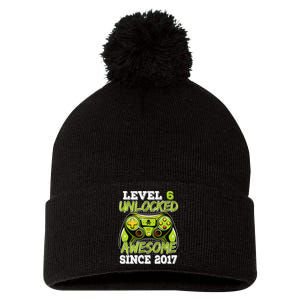 Level 6 Unlocked Awesome Since 2017 6 Year Gamer Birthday Pom Pom 12in Knit Beanie